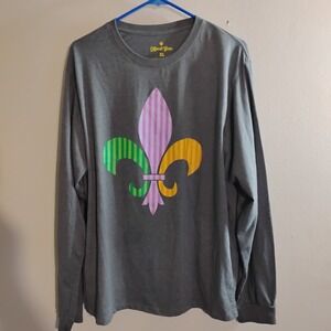 Mardi Gras Men's Gray XL Graphic Print Fleur-de-lis Long Sleeve T-Shirt soft cot